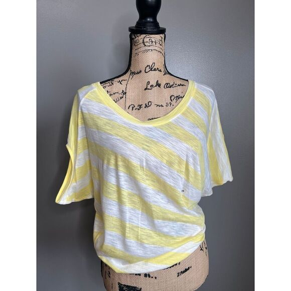 4/$25 Express yellow white stripes blouson tee shirt XS summer casual travel - Picture 3 of 7